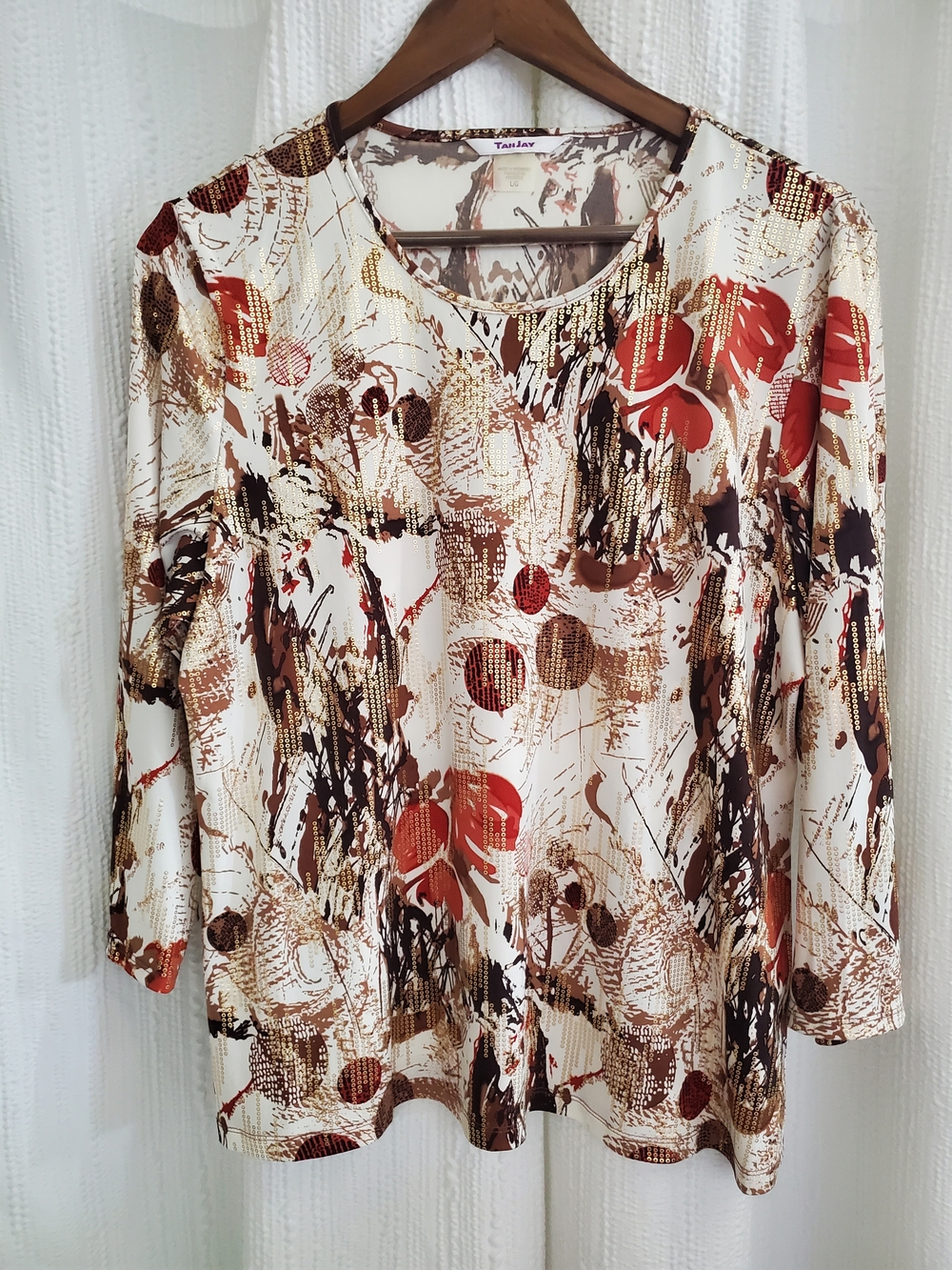 Womens L TanJay  Cream Long-Sleeve Floral Abstract Print Top with Rust Accents